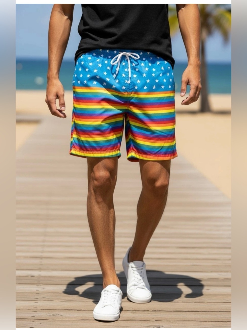 NEW $56 Free Planet Men 1X Colorful Star & Rainbow Stripe Swim Trunks pockets